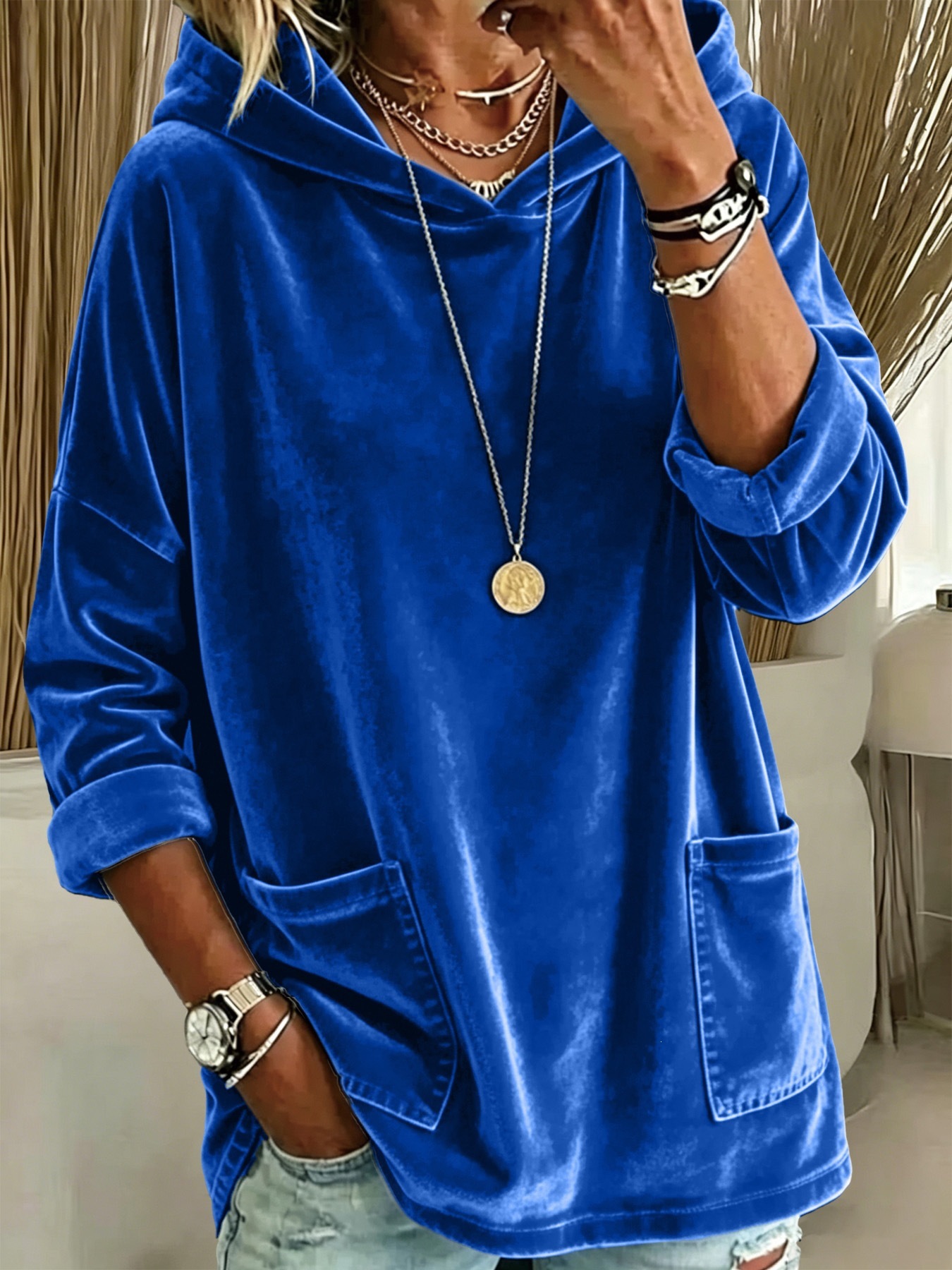 Casual Hooded Loose Fleece Solid Color Long Sleeve Pullover Sweatshirt for Women