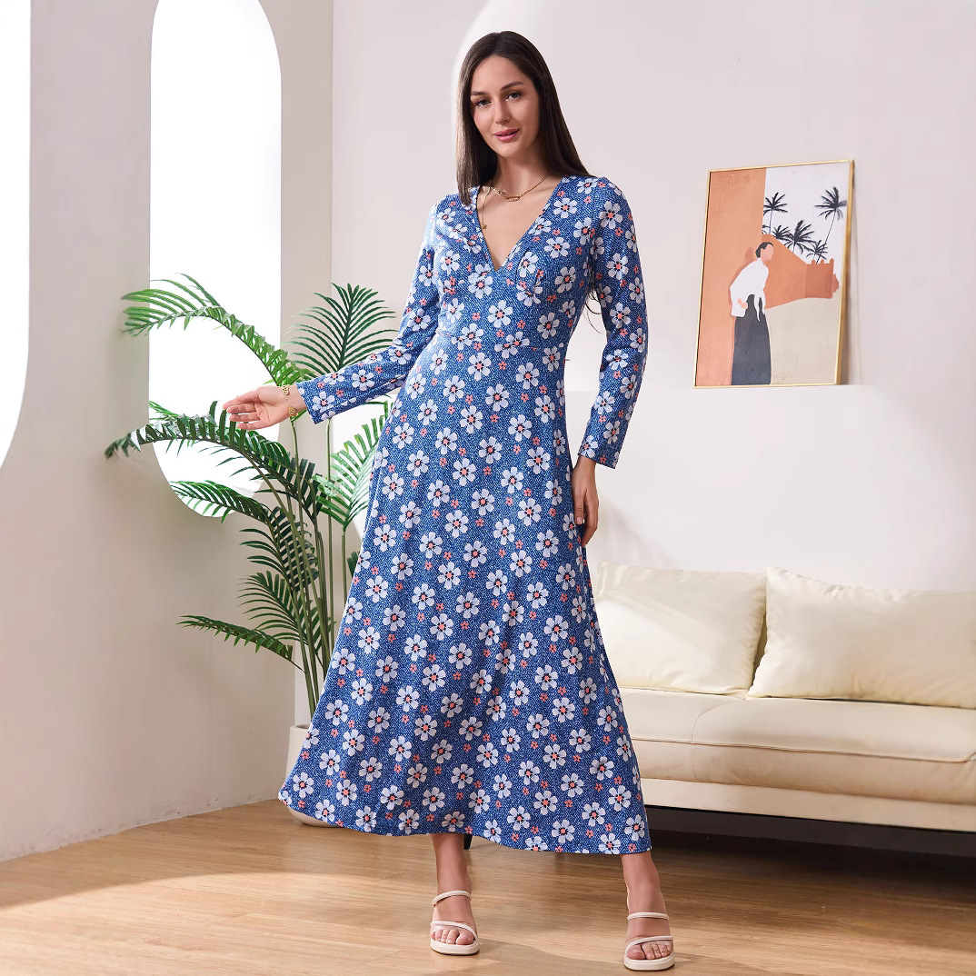 Women's Digital Floral Print Deep V-Neck Long Sleeve A-Line Maxi Dress