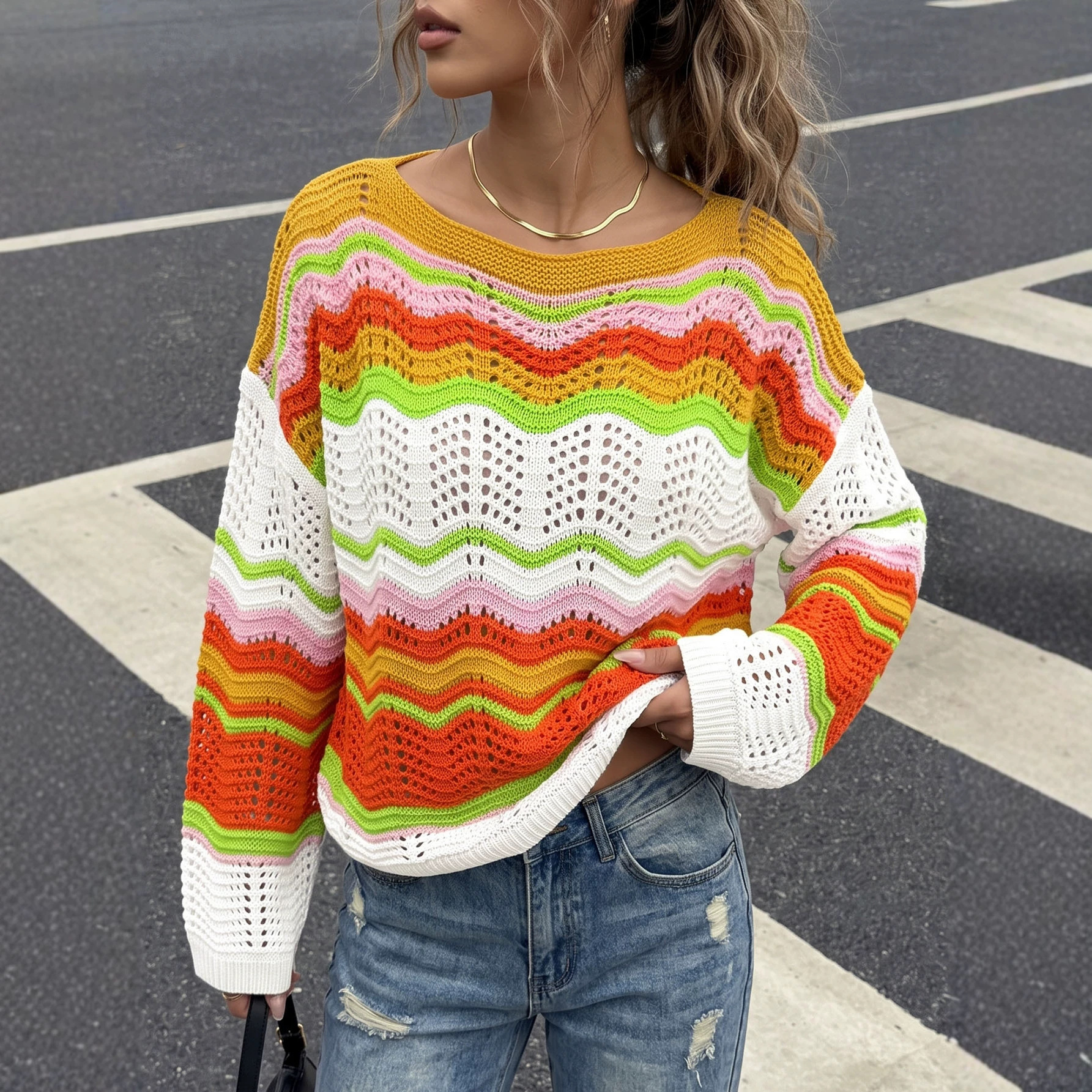 Women's Rainbow Striped Color-Block Open-Knit Pullover Sweater