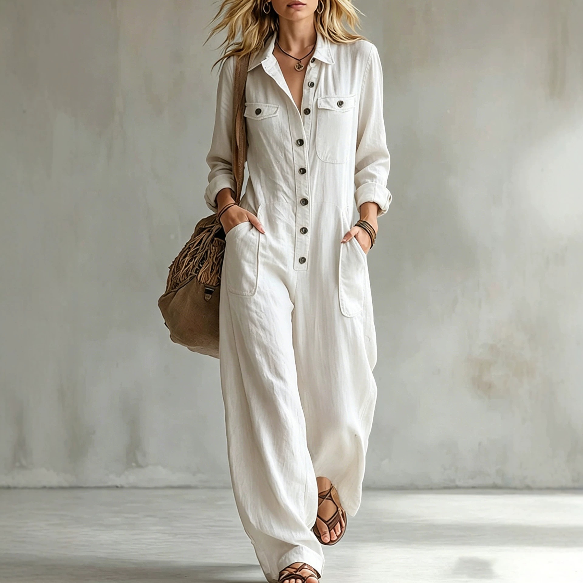 Women's Linen-Blend Cargo Jumpsuit with Collar Long Sleeve Wide Leg Loose Fit