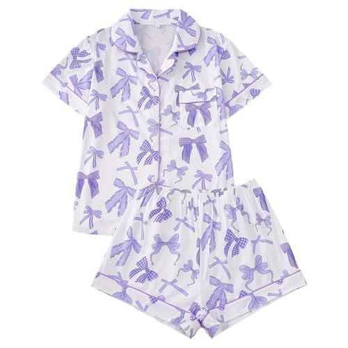 Women's Cuban Collar Short Sleeve Shirt Set with Ribbon Bow