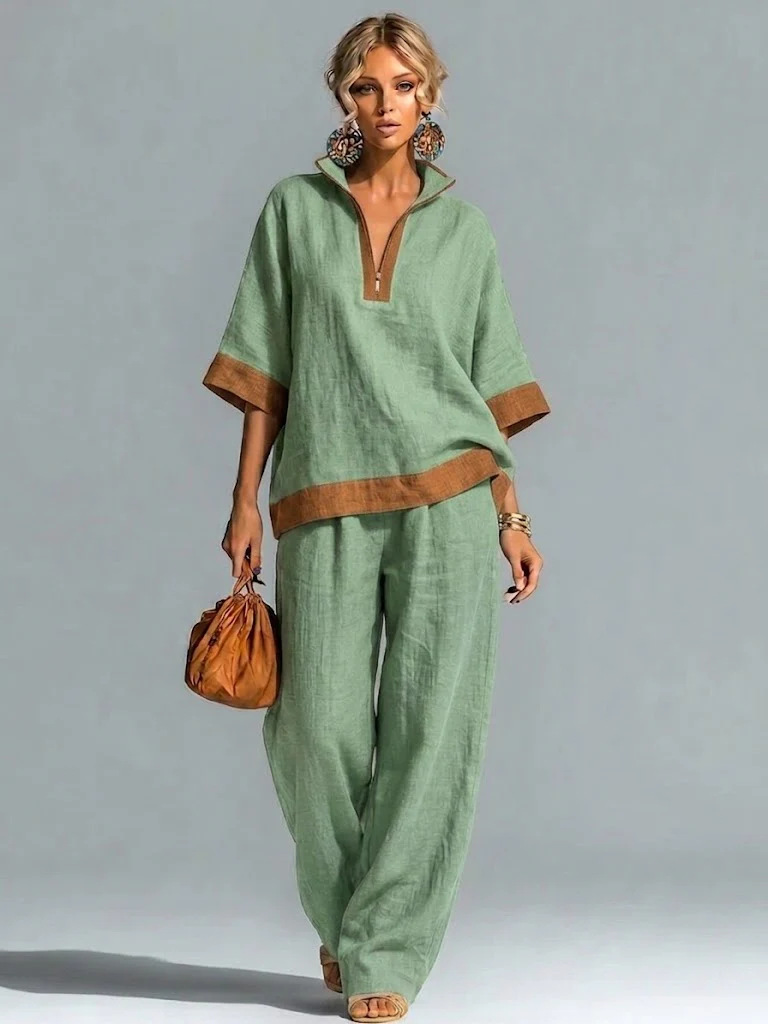 Women's Loose Casual Zip-Neck Top and Pants Set