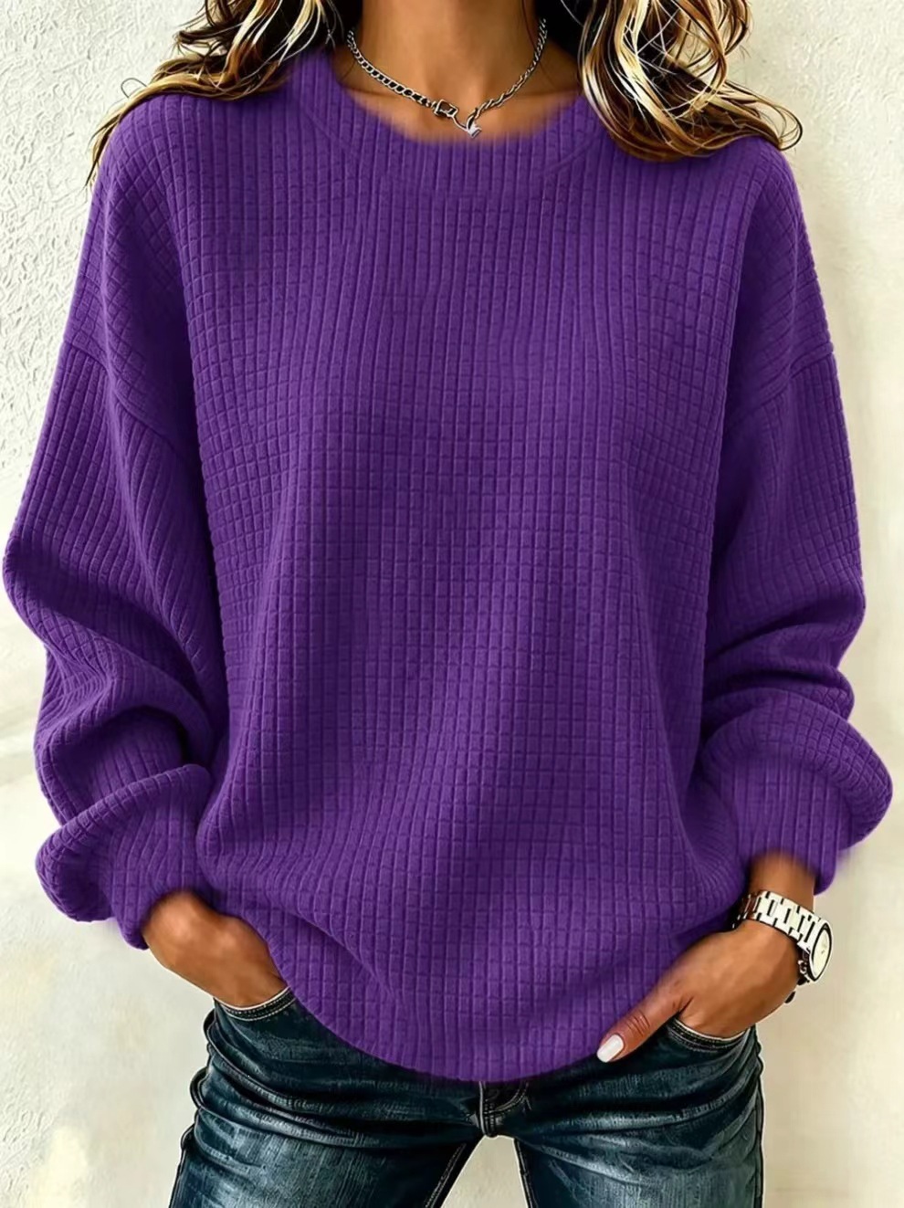 Waffle Knit Long Sleeve Crewneck Pullover Sweatshirt