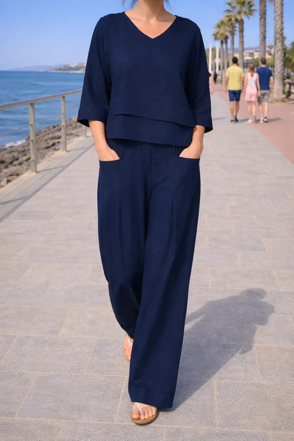 Solid Color Crewneck Long Sleeve Top and Straight Leg Pocket Pants Two-Piece Set
