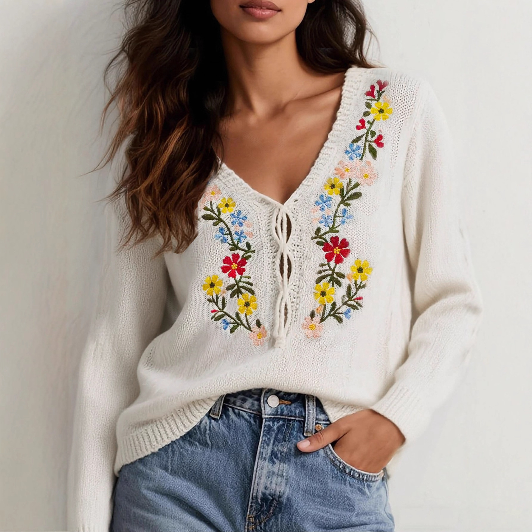 Women's Vintage Floral Embroidered Knit Sweater Loose Fit V-Neck Long Sleeve