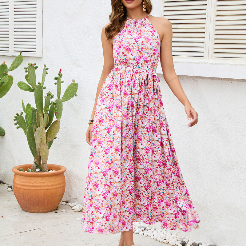 Off-Shoulder Halter Neck Printed Maxi Dress with Tie and Flared Skirt