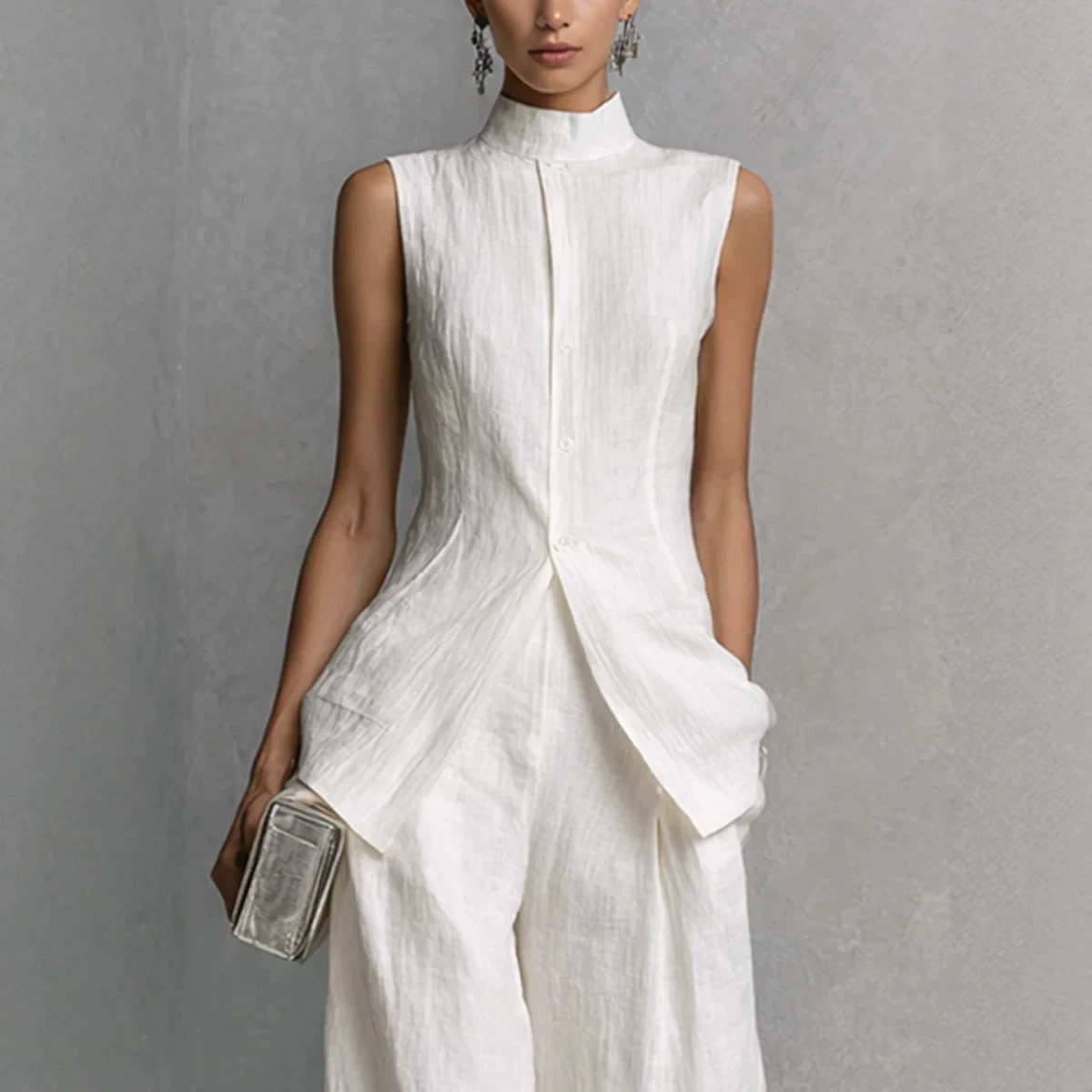 Women's Sleeveless Blouse and Pants Set Solid Color Drapey Two-Piece Outfit