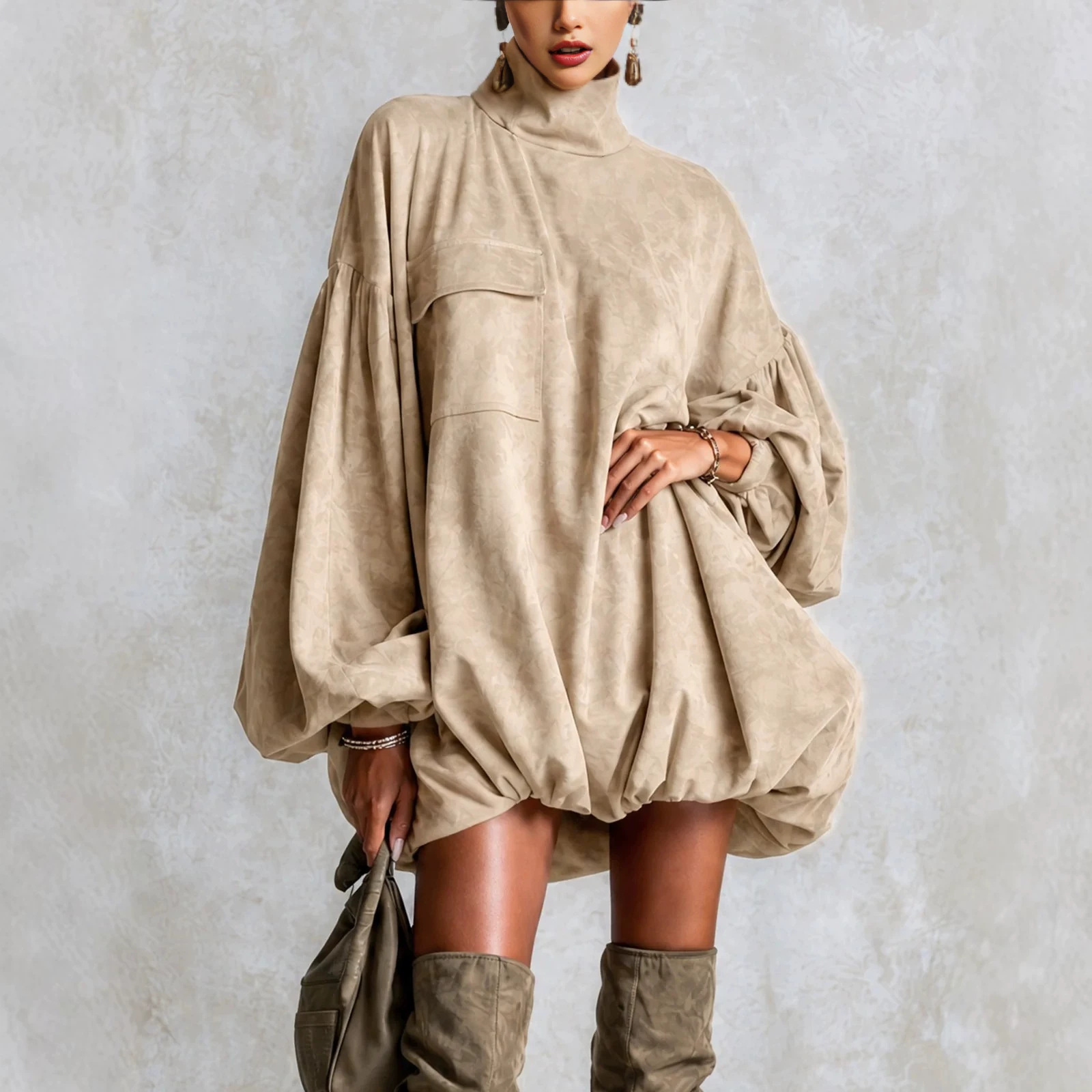 Khaki High Neck Lantern Sleeve Pocket Bubble Hem Mini Dress