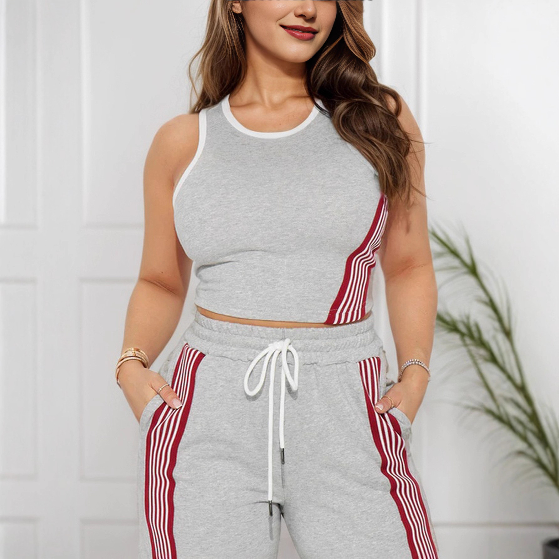 Women's Sleeveless Tank Top and Straight-Leg Pants Set with Ribbon Trim