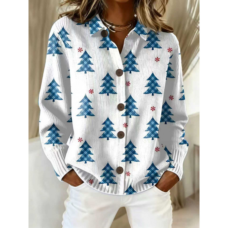 Women's Collared Button-Front Cardigan Sweater, Solid 3D Print Knit, Loose Fit