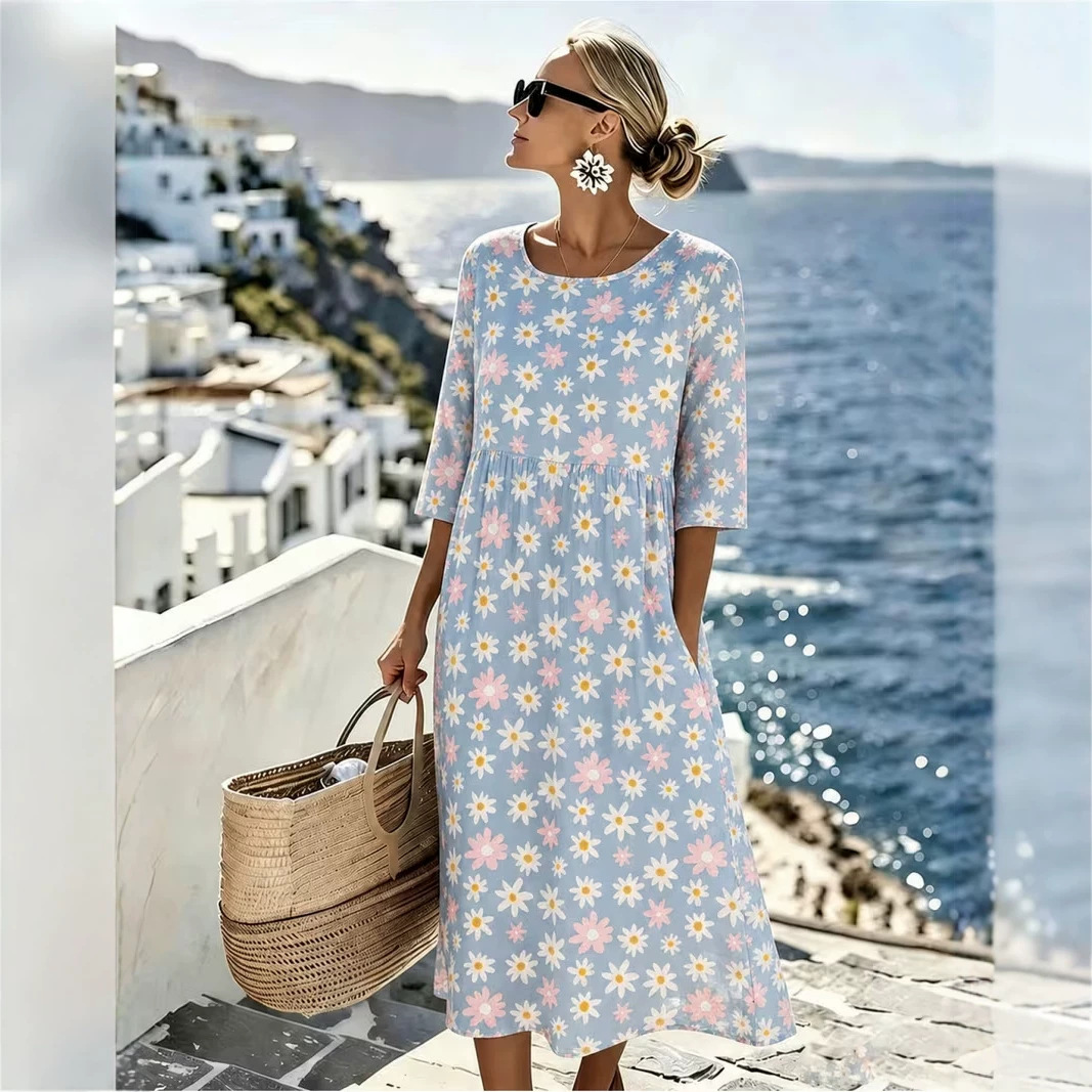 Women's Fresh Floral Daisy Print Ruched Midi Dress