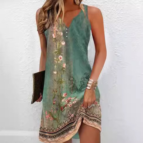Floral Print Sleeveless V-Neck A-Line Dress