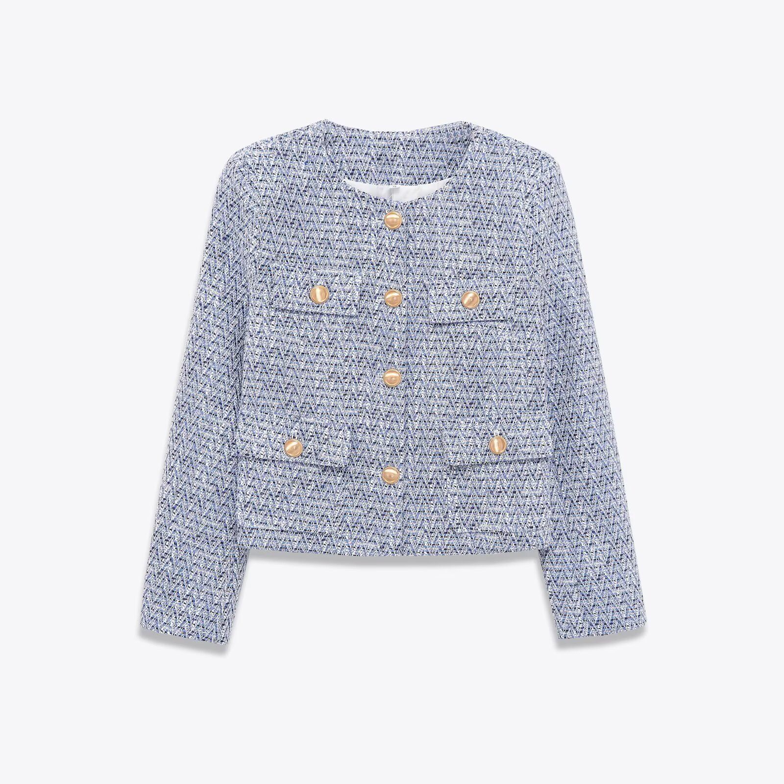 Women's Tweed-Style Jacket with Pockets, Blue, Long Sleeve