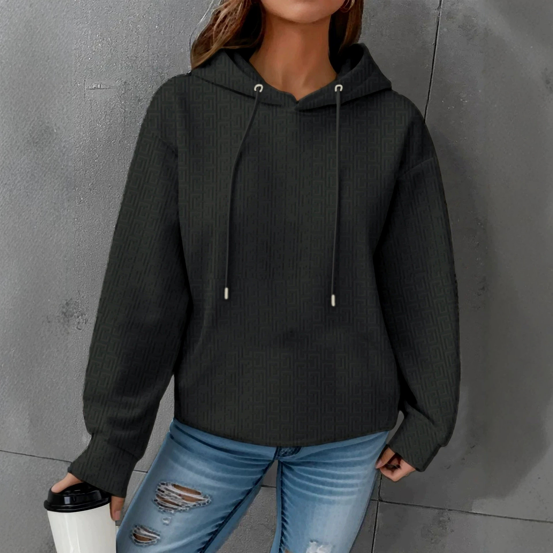 Solid Black Drawstring Hooded Raglan Long-Sleeve Sweatshirt