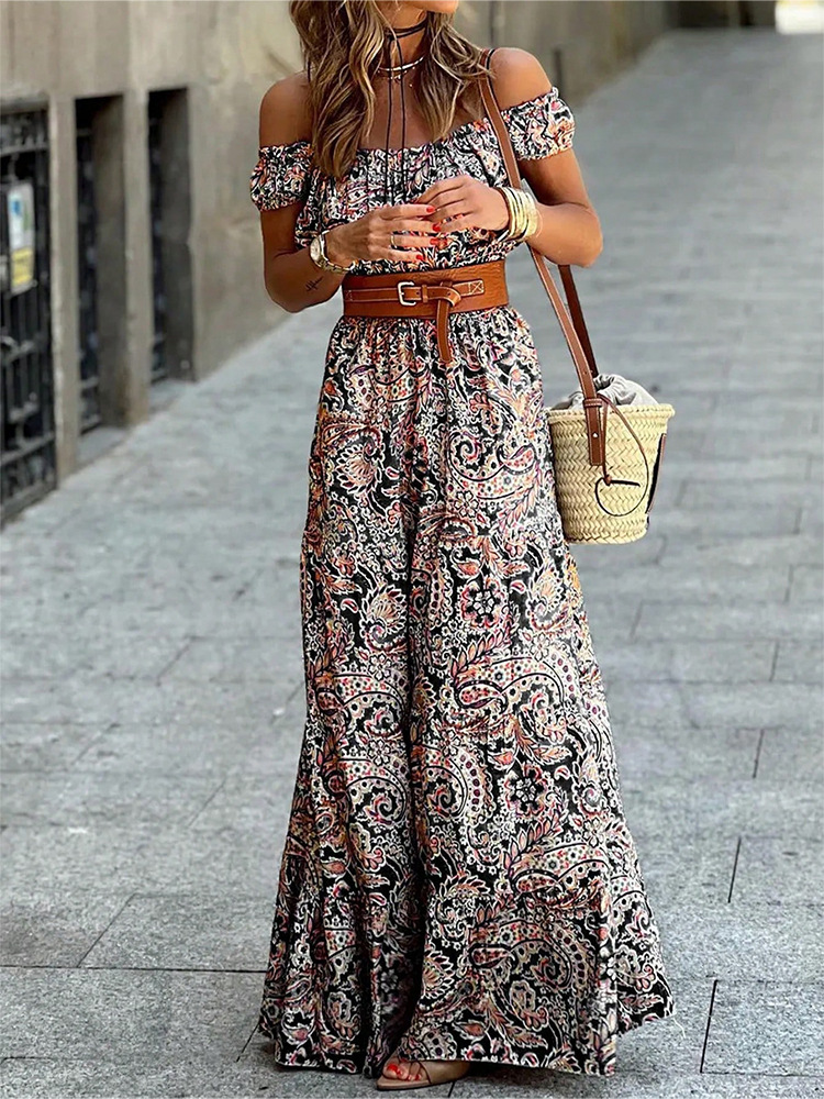 Floral Off-Shoulder Puff-Sleeve High-Waist A-Line Dress