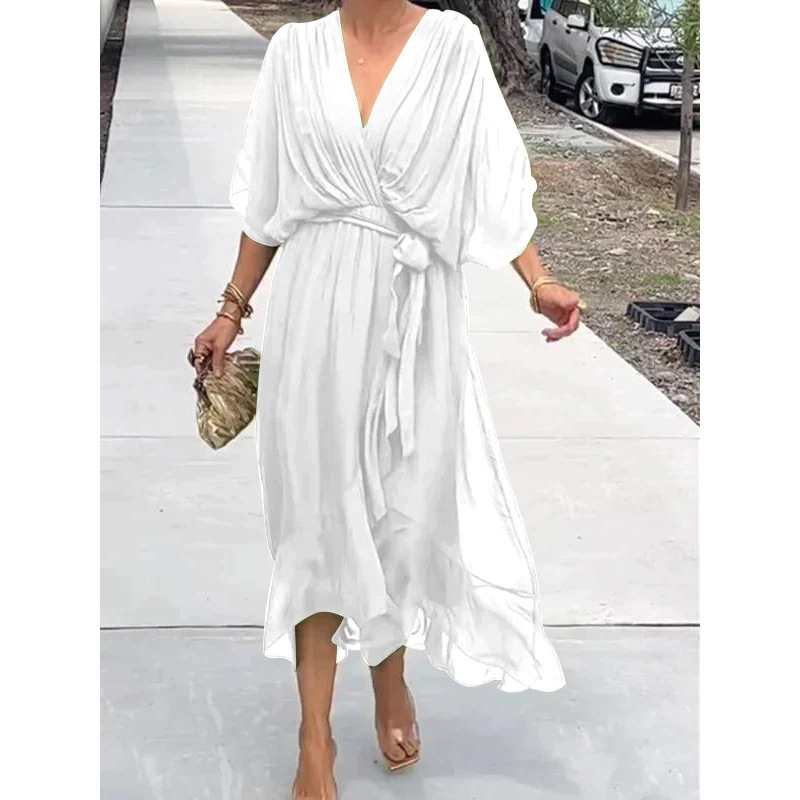 Women's Solid Color Tie-Waist Batwing Sleeve Irregular Long Dress Plus Size