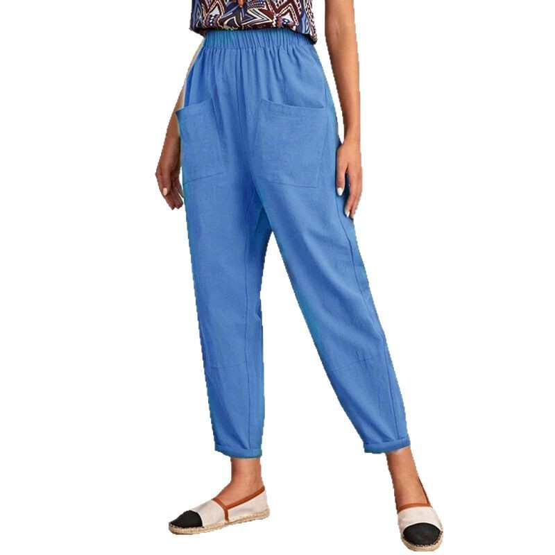 Women's Cotton-Linen Cropped Pants with Elastic Waist and Slant Pockets