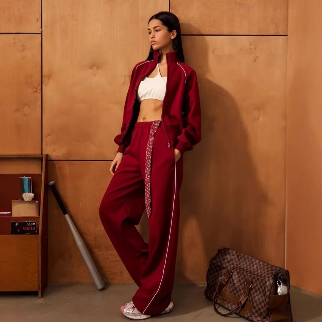 Women's Casual Commuter Two-Piece Set with Zip Cardigan and Wide-Leg Pants