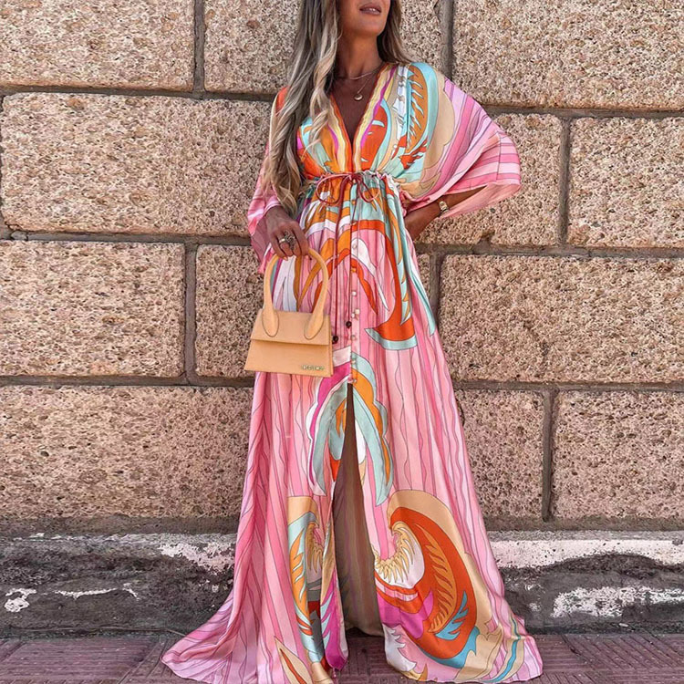Bohemian V-Neck Slit Printed Maxi Dress Loose Fit Long Sleeve