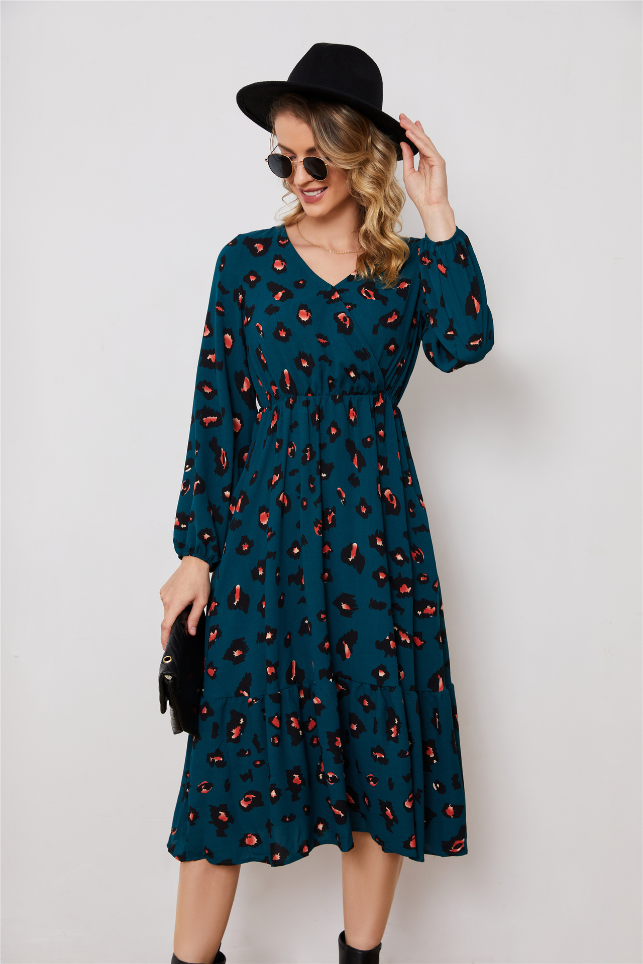 Women's V-Neck Floral Print Midi Dress Long Sleeve Chiffon