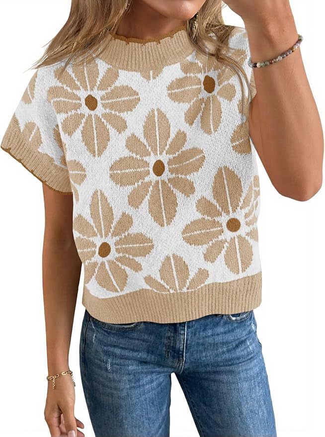Women's Floral Knit Short Sleeve Sweater Vintage Crew Neck Loose Summer Pullover