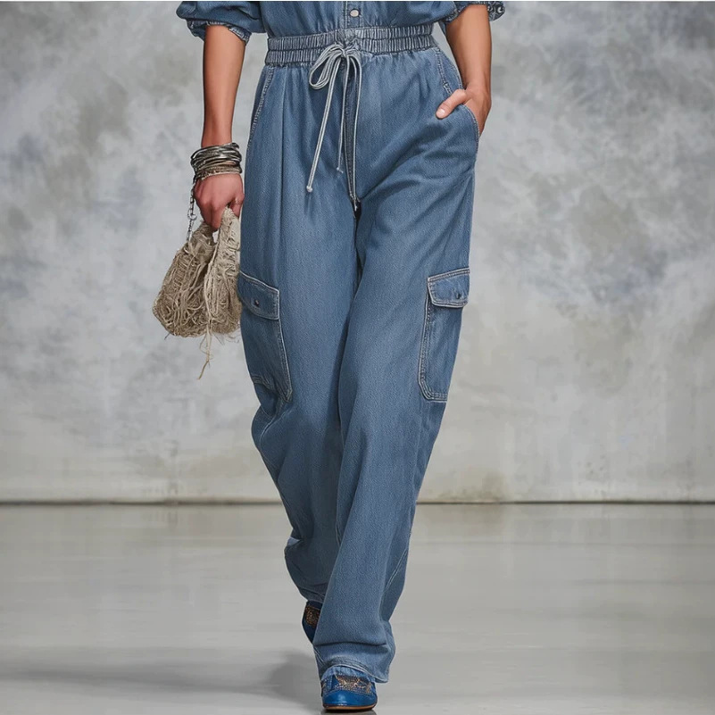 Western V-Neck Denim Jumpsuit Retro Casual Long Sleeve