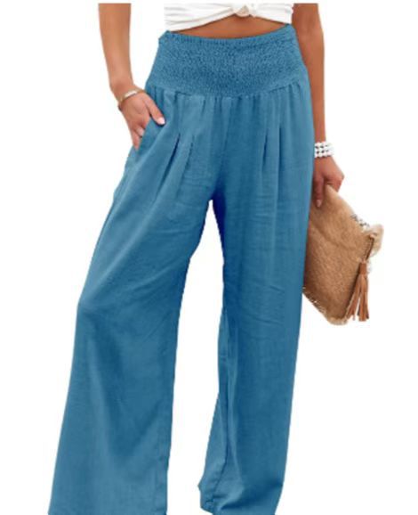 Women's Cotton Linen Wide-Leg Pants Smocked Mid-Rise Boho Casual