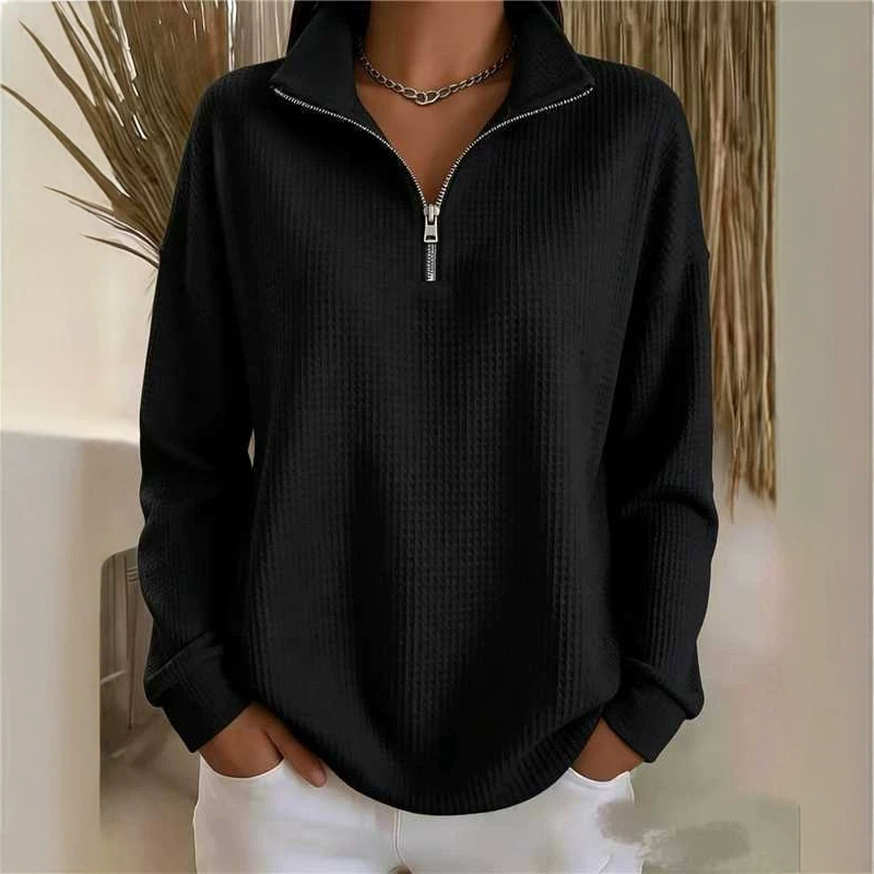 Women's Waffle Knit Half-Zip Hoodie Loose Fit Solid Color Top