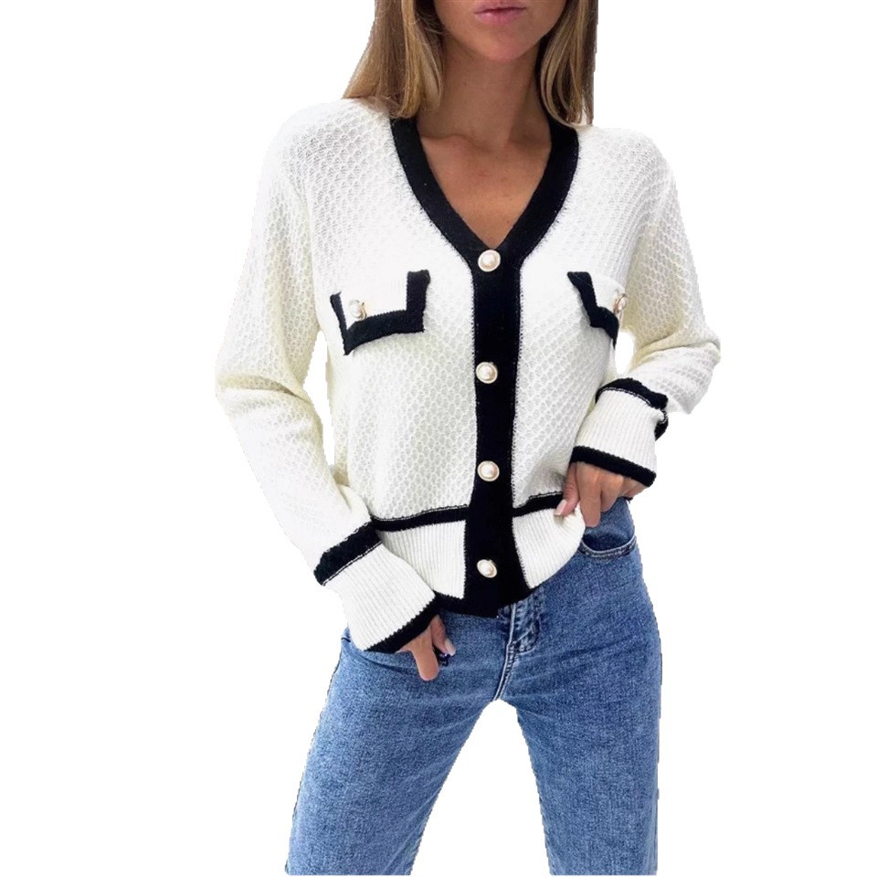 Women's Color-Block Knit Cardigan with Pearl Buttons Long Sleeve V-Neck