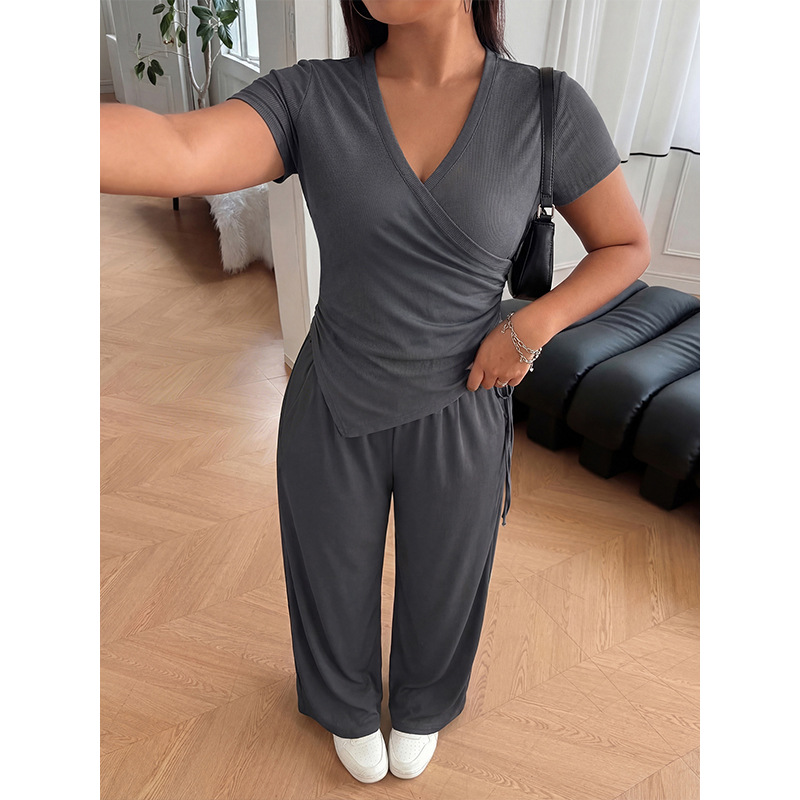 Plus Size Gray V-Neck Ruched Top and Wide-Leg Pants Set