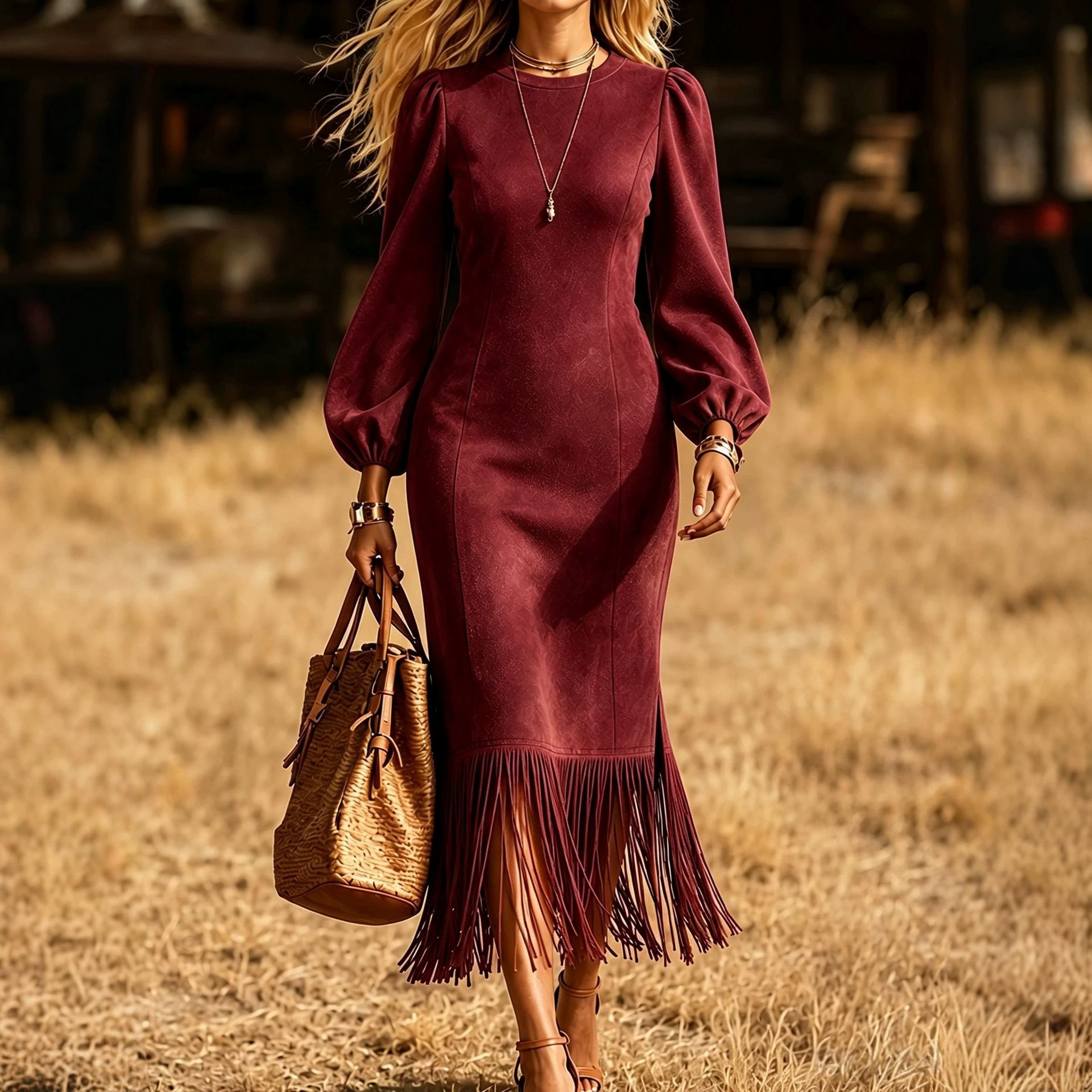 Suede Western Fringe Long Sleeve Midi Dress