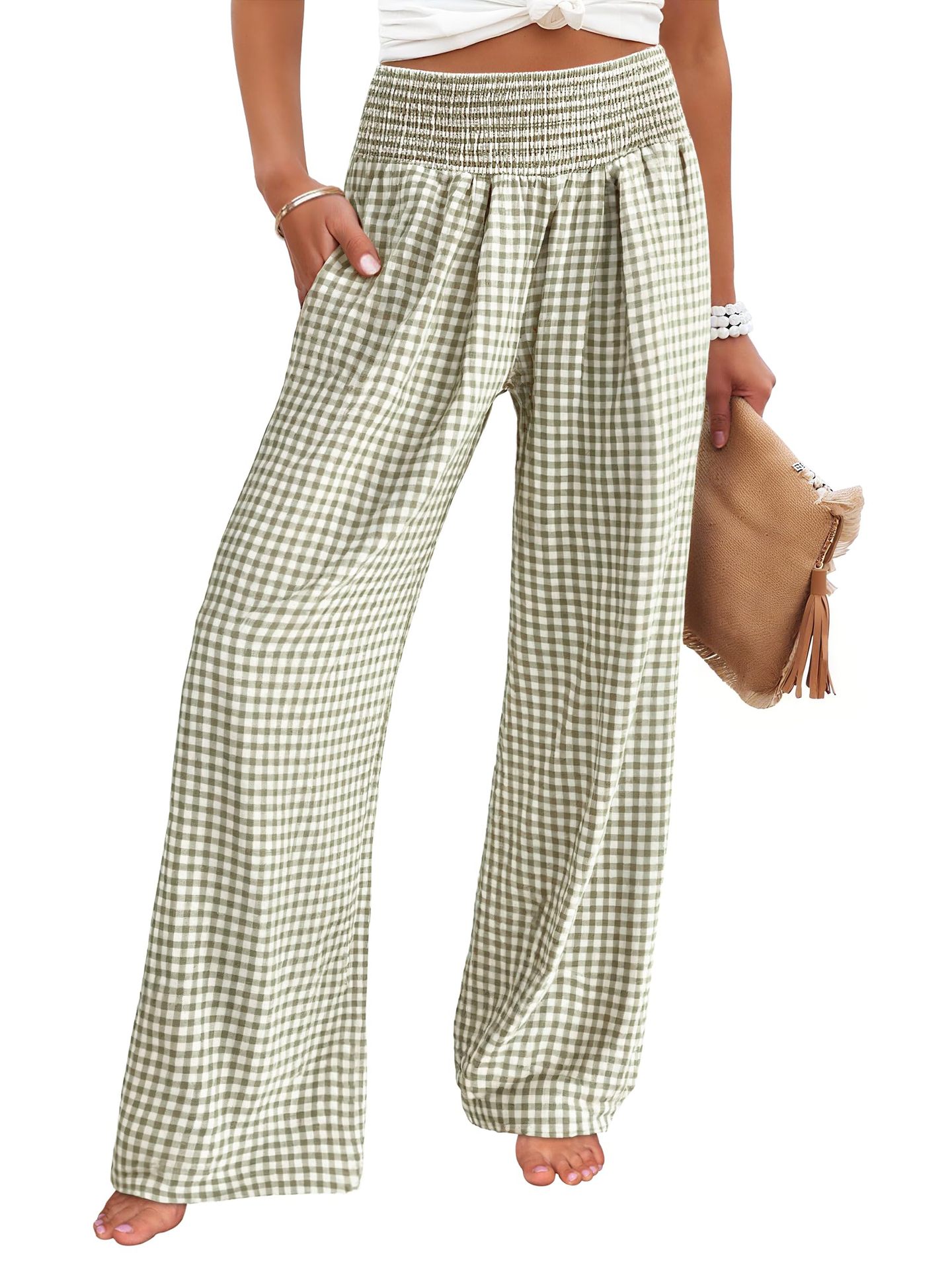 Plaid Wide-Leg High-Waist Pants with Pockets