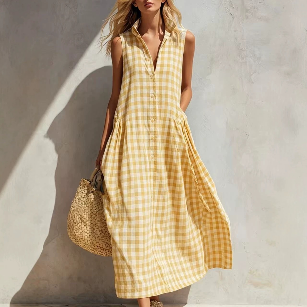 Sleeveless Plaid Maxi Dress – Loose Fit Stand Collar Beach Vacation