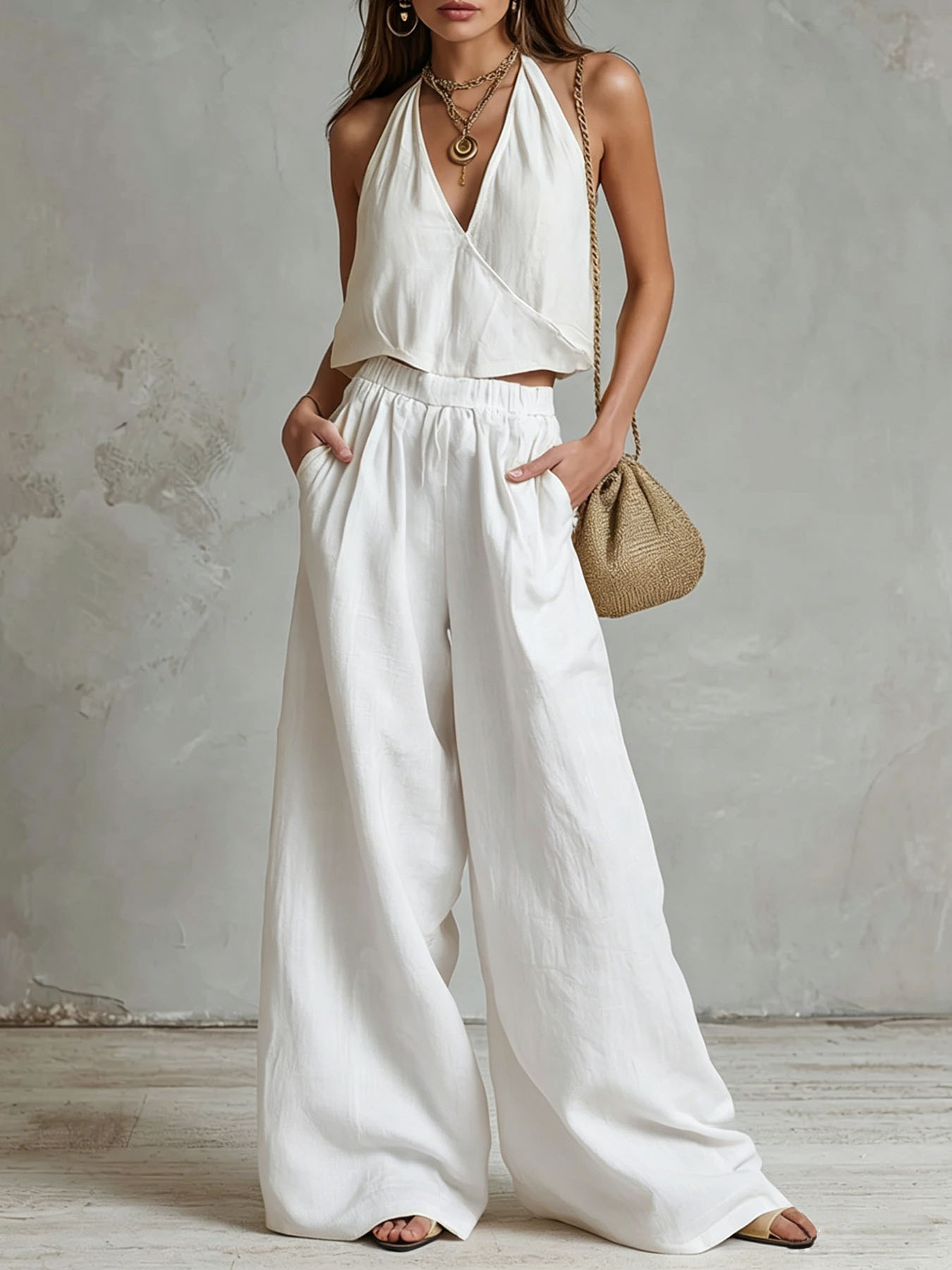 Women's Summer Bohemian Cotton-Linen Tank Top and Pants Two-Piece Set