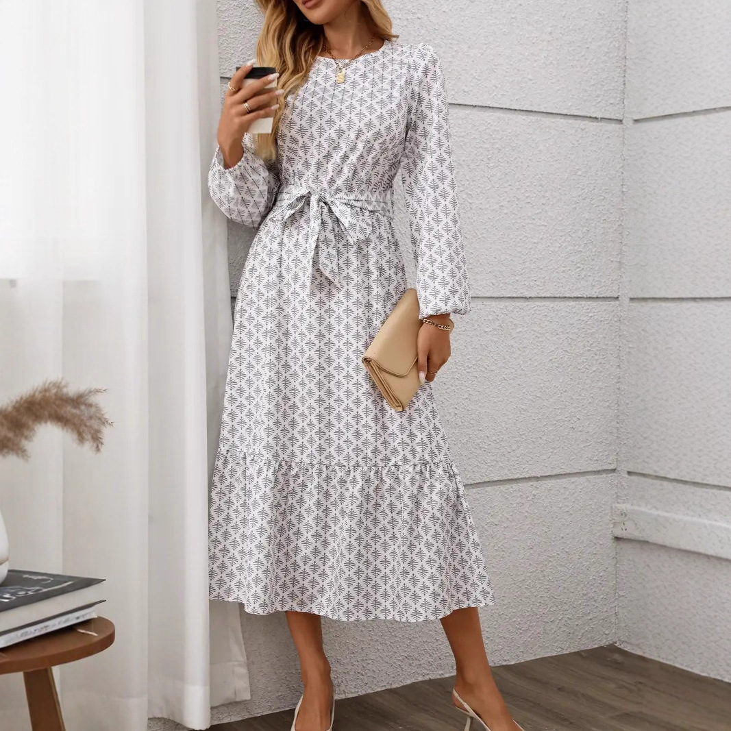 Elegant Floral Print Lantern Sleeve Ruffle Hem Tie-Waist Long Dress