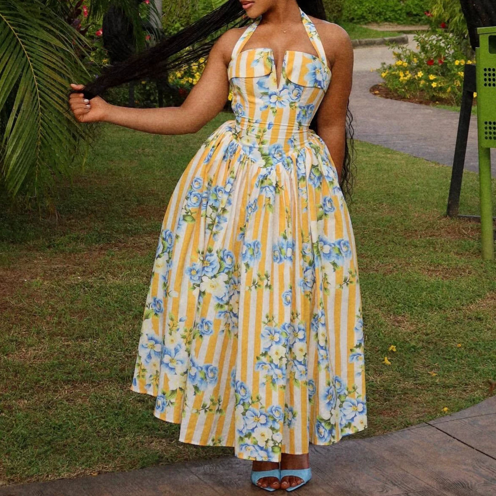 Women's Halter Neck Printed Pleated A-Line Maxi Dress