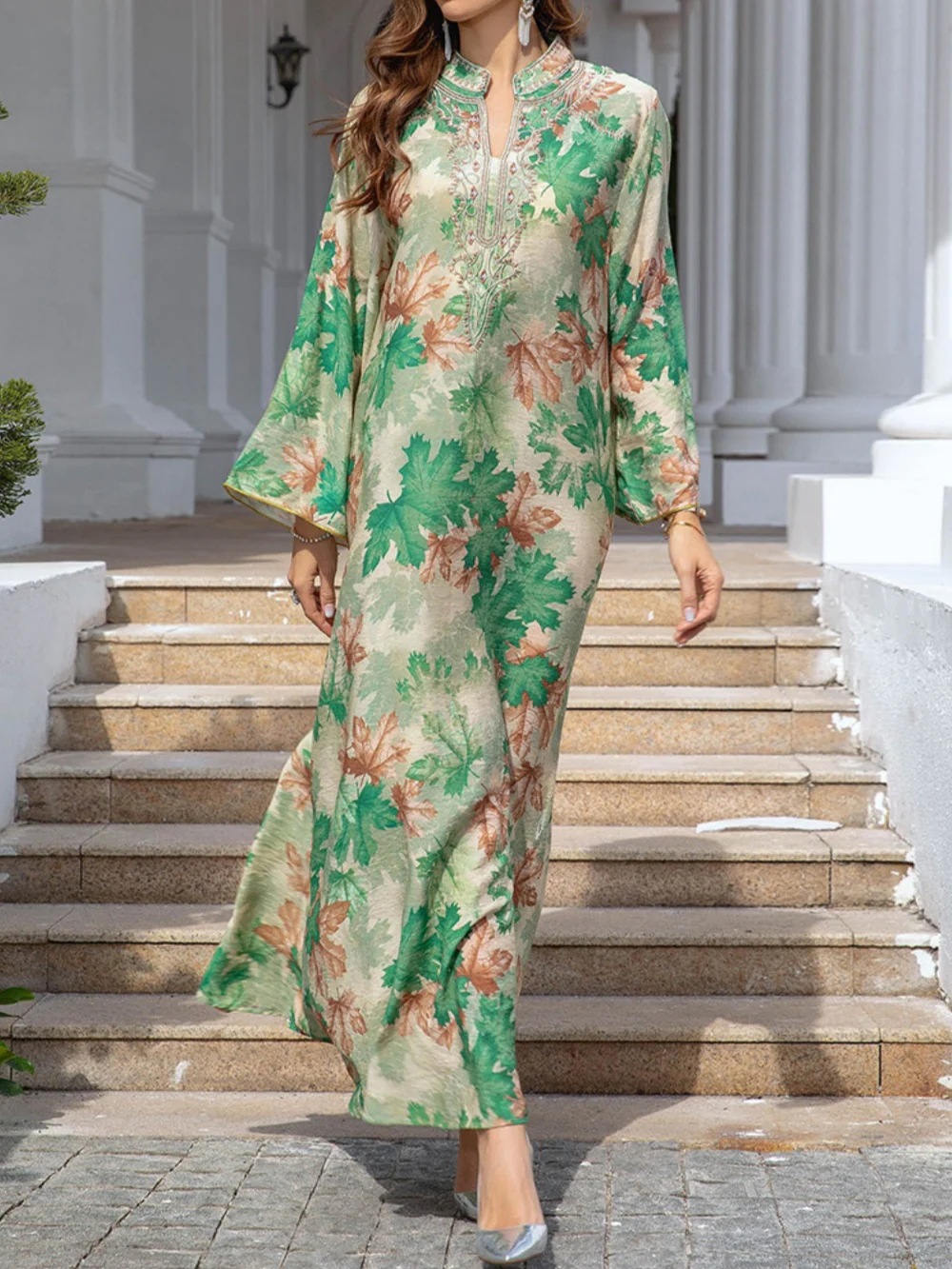 Purple High Neck Lace Panel Chiffon Long Dress
