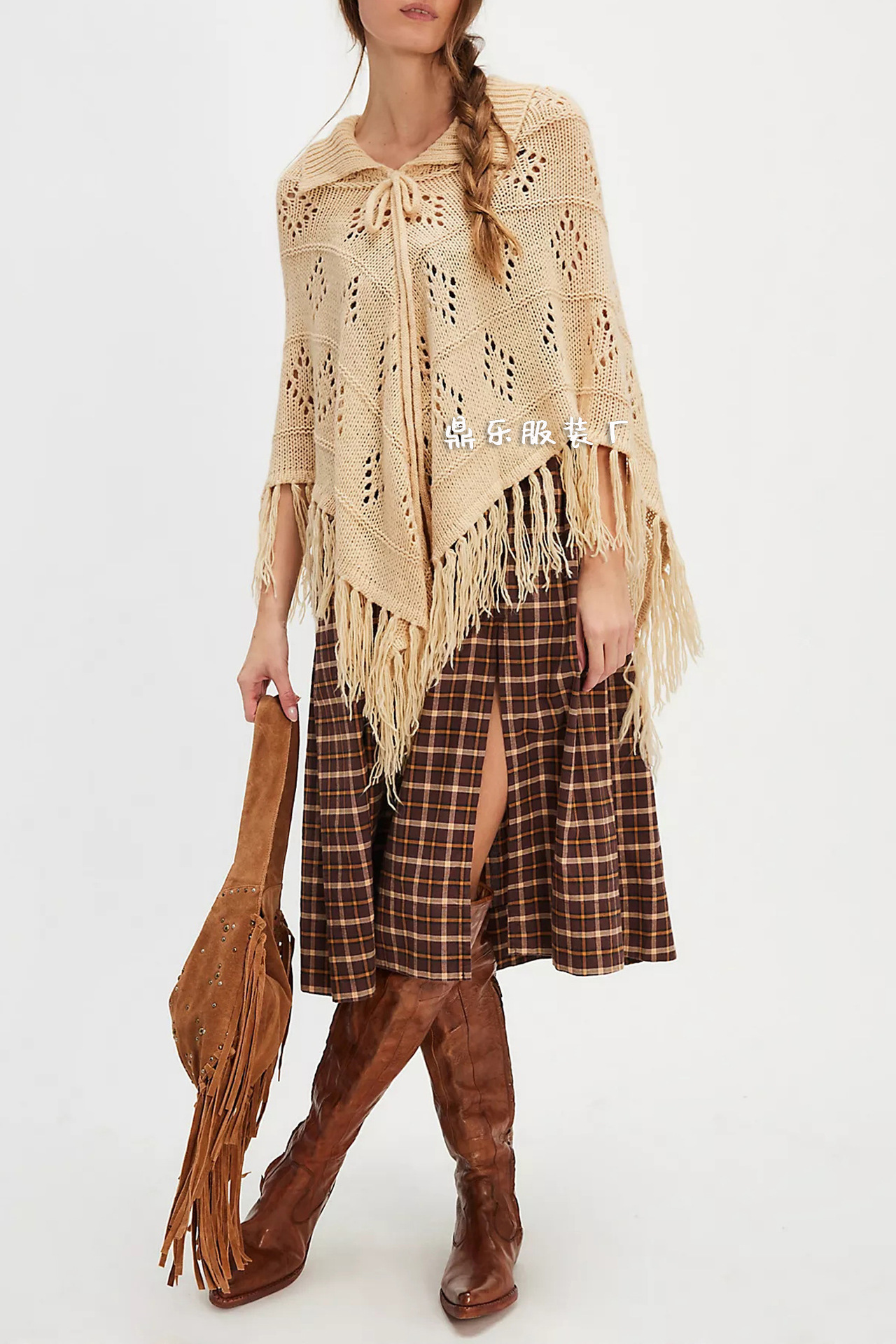 Fringed Knit Cape Poncho Sweater