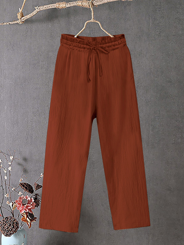 Women's Cotton Linen Wide Leg Pants Elastic Waist Solid Color Loose Fit
