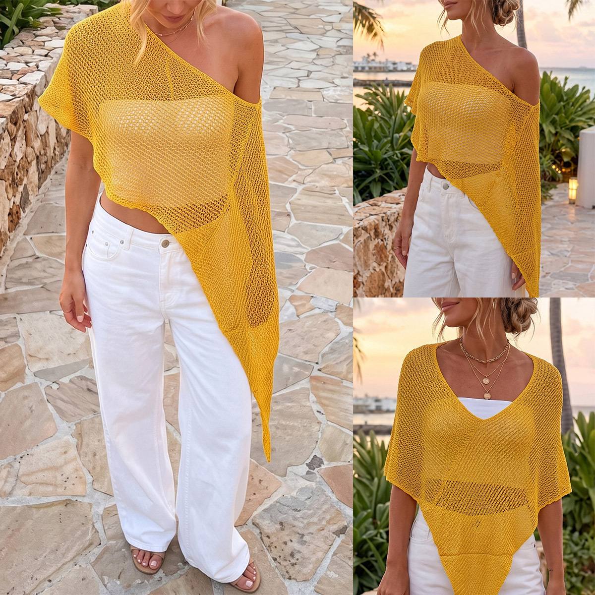 Open-Knit Triangle Scarf Top – Convertible Sheer Cover-Up for Beach & Resort