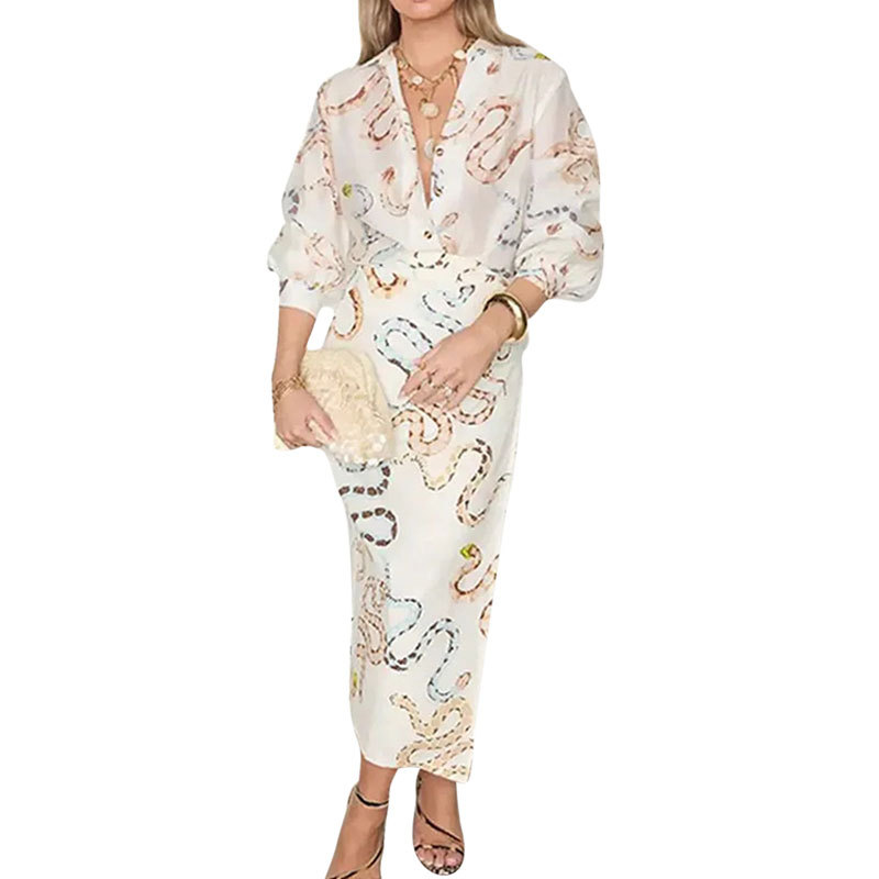 Elegant Loose Print Long-Sleeve Shirt and Skirt Two-Piece Set