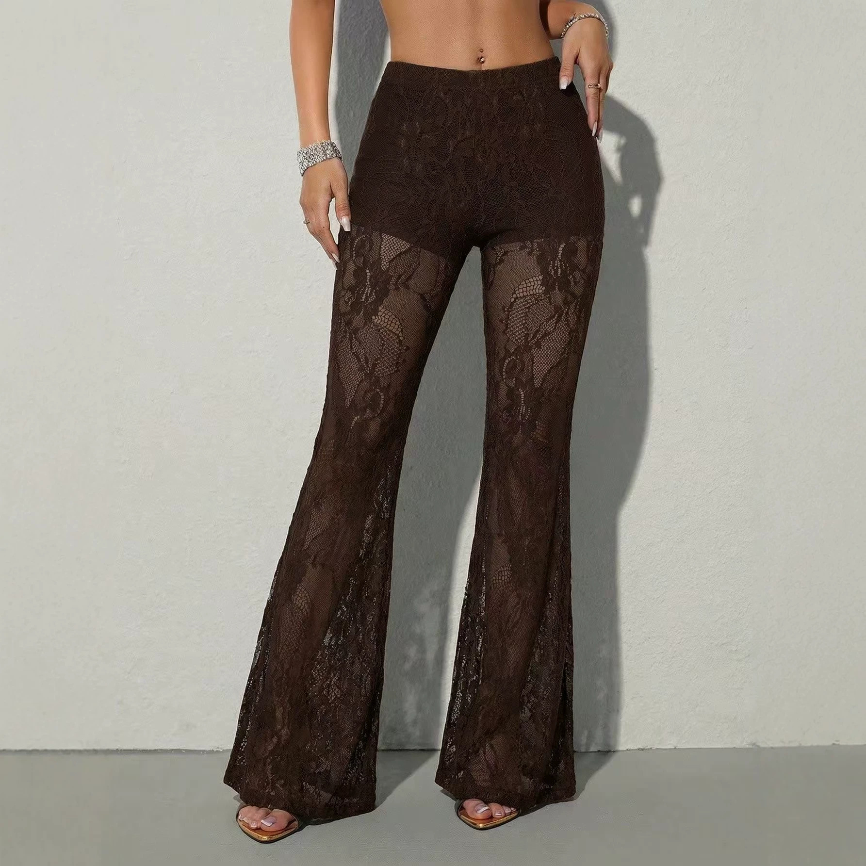 Women's Lace Flare Pants Sheer High Waist Slim Fit