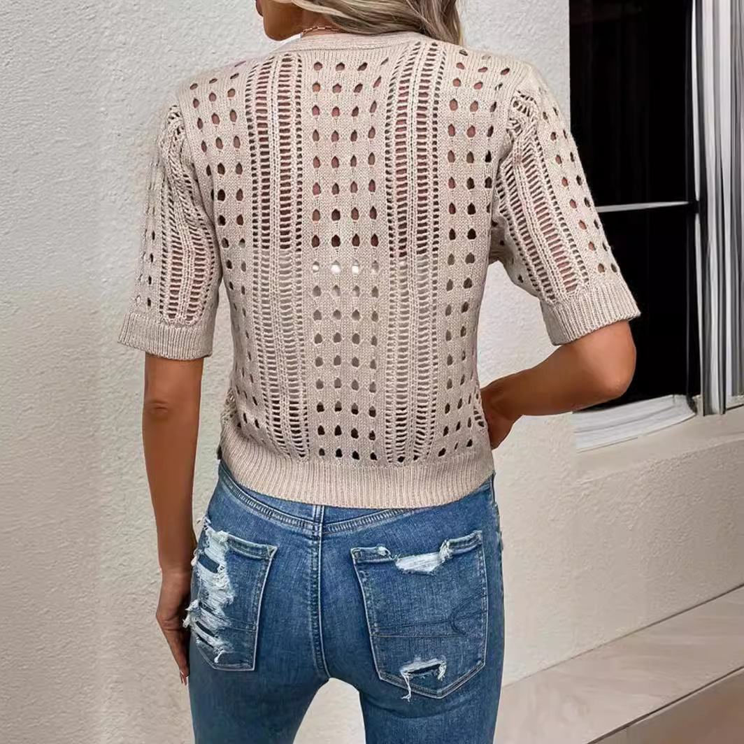 Solid Open-Knit V-Neck Cardigan Short Sleeve Women's Top