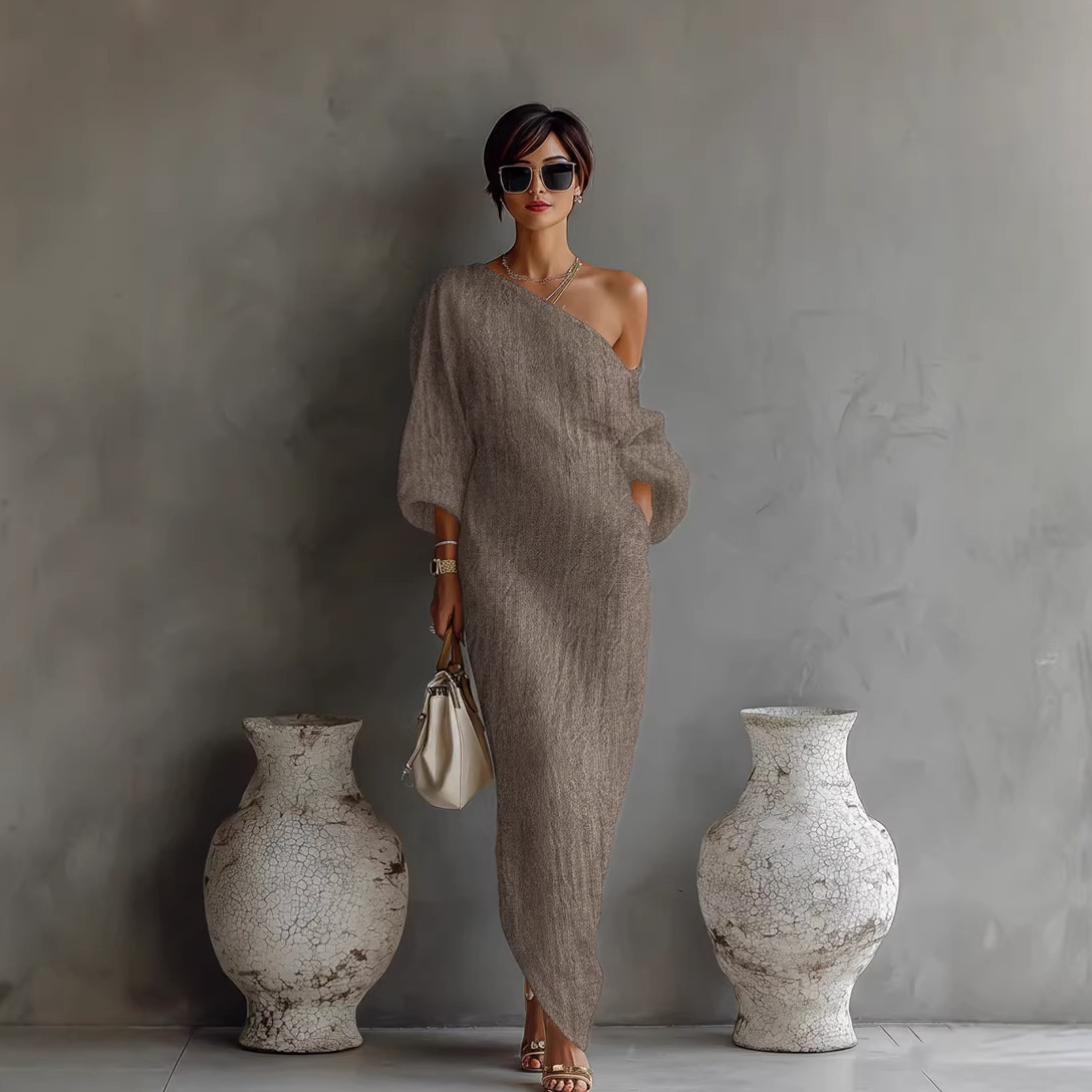 Elegant One-Shoulder Long Sleeve Maxi Dress with Asymmetrical Hem