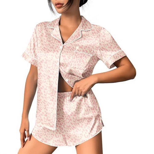 Women's Cuban Collar Leopard Tree Floral Monkey Print Short Sleeve Set