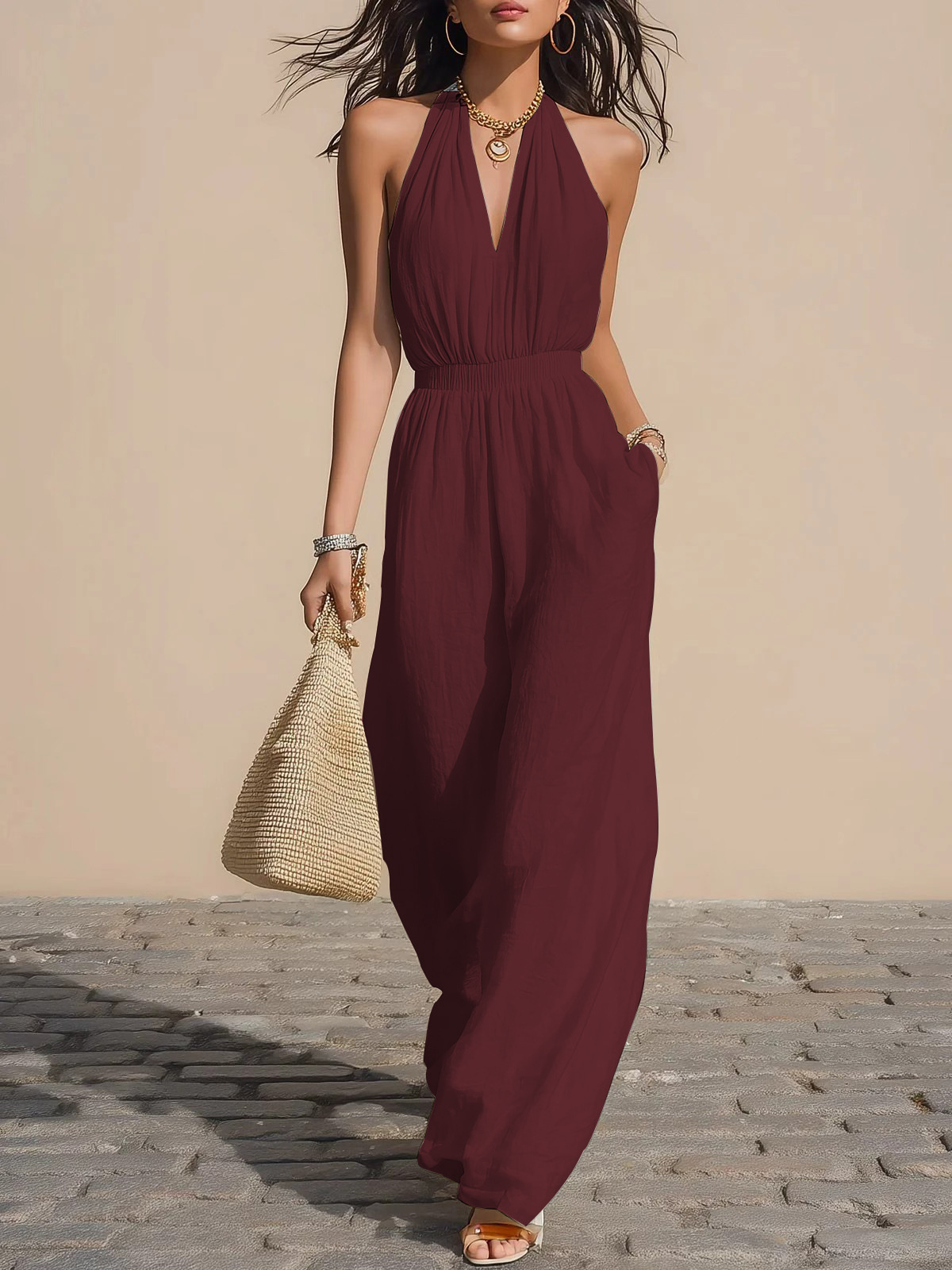 JYF Halter V-Neck Fitted Wide-Leg Jumpsuit