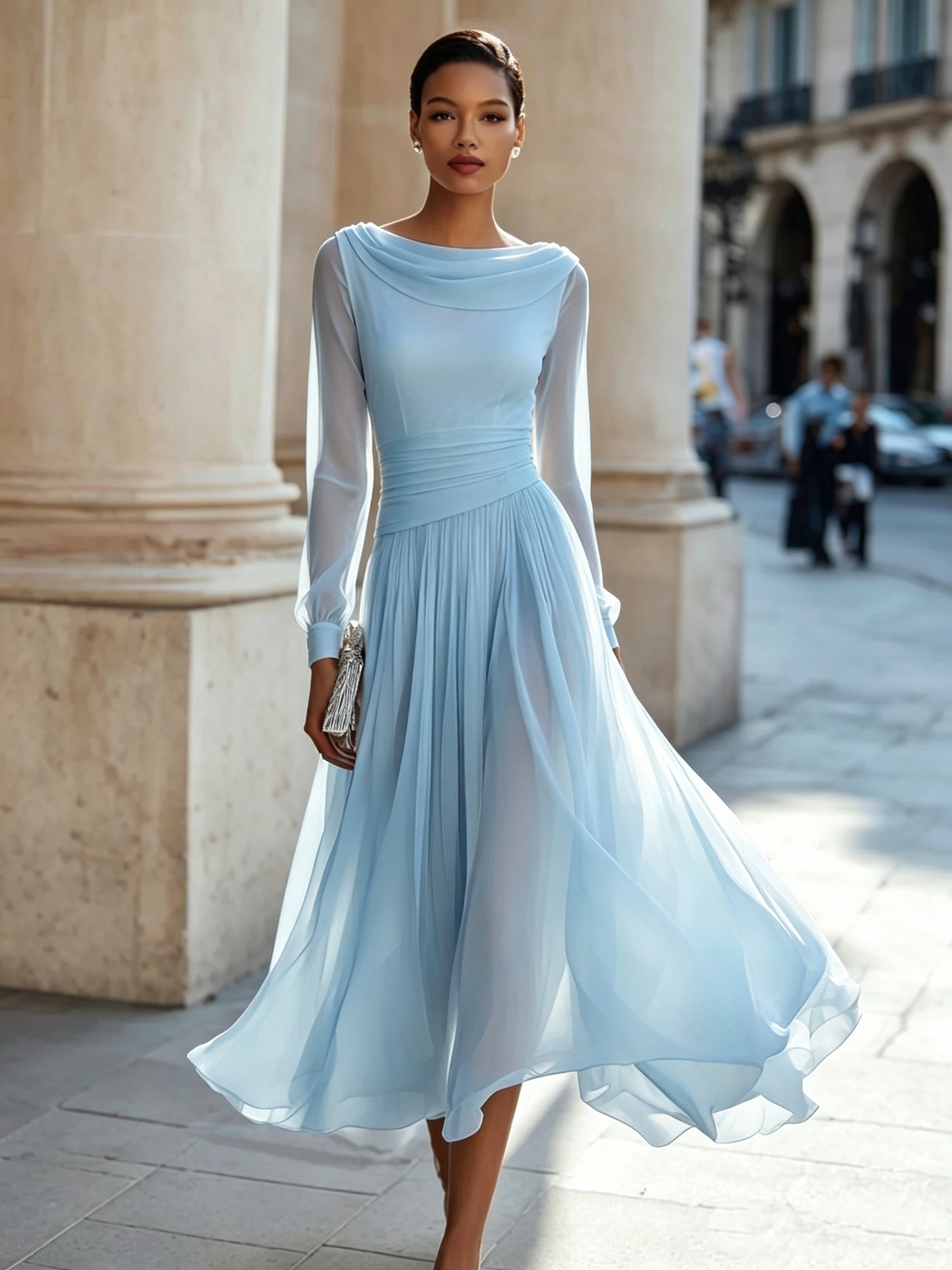 Elegant Cowl Neck Long Sleeve Midi Dress