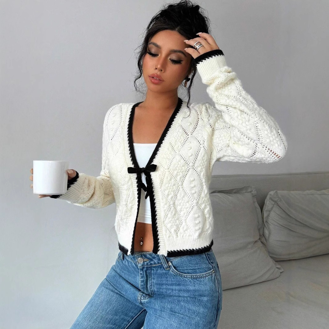 V-Neck Bow Tie Cardigan Sweater