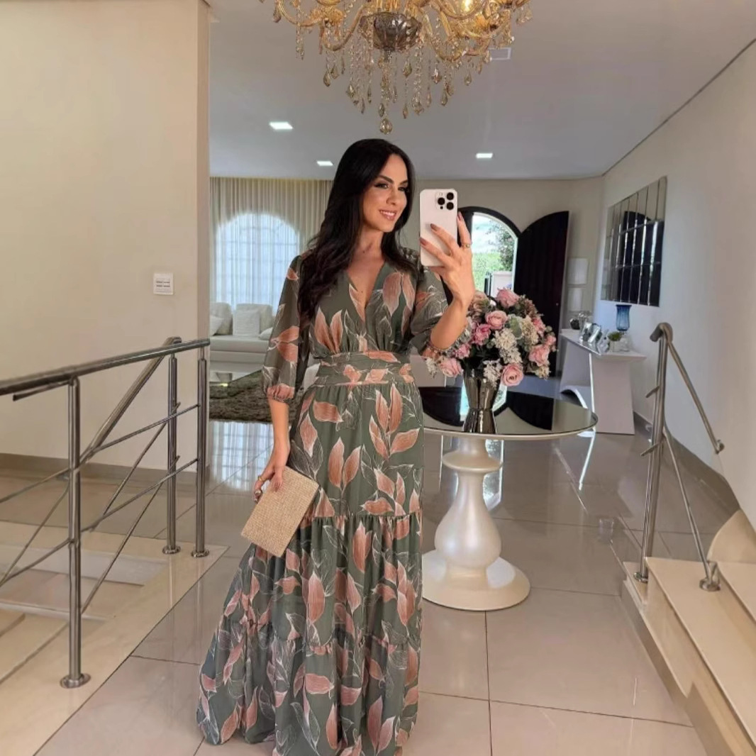 Women's V-Neck Floral Print Long Dress with Lantern Sleeves