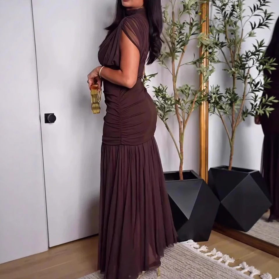 Women's Sexy Solid Color Mesh Bodycon Short Sleeve Long Dress